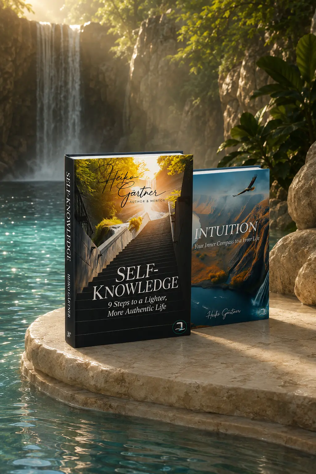SELF-KNOWLEDGE with INTUITION positioned behind it on a limestone platform beside turquoise water