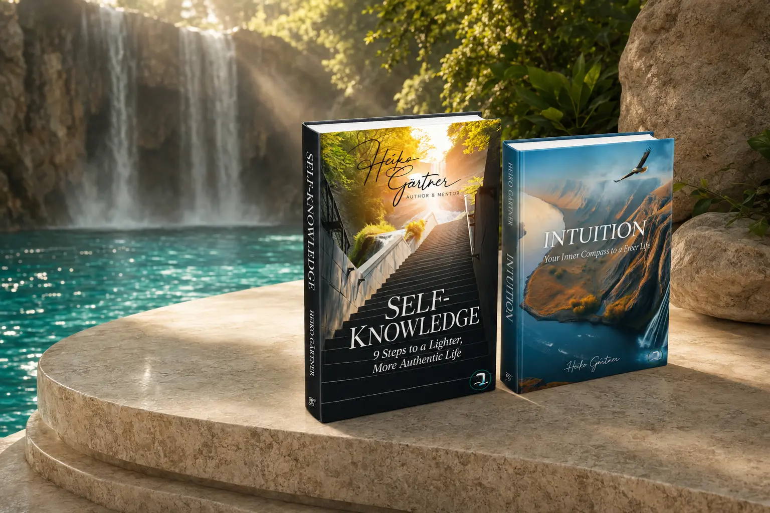 SELF-KNOWLEDGE in front of INTUITION on a natural stone platform beside a waterfall