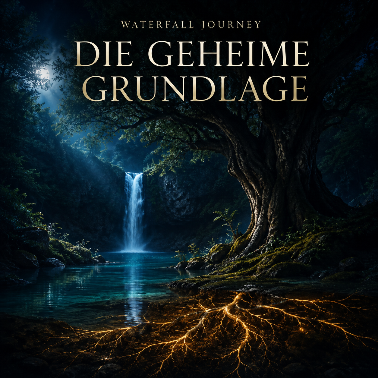 Die geheime Grundlage – Wasserfall und alter Baum mit leuchtenden Wurzeln