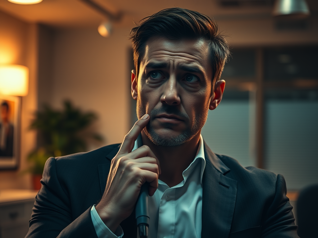 Nachdenklicher Mann in einem Anzug mit einer Hand am Kinn, in einem modernen Büro mit gedämpftem Licht.