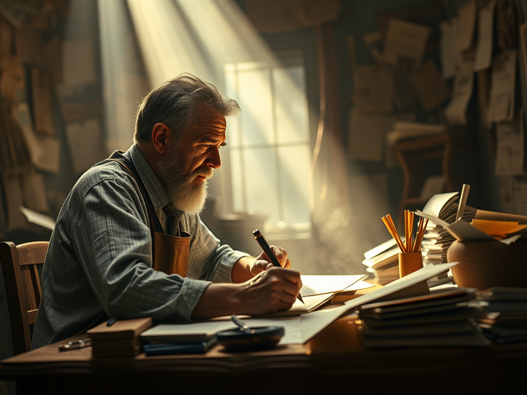 Ein älterer Mann mit grauem Bart sitzt an einem Schreibtisch und schreibt konzentriert in ein Notizbuch. Lichtstrahlen fallen durch ein Fenster und beleuchten den Raum, der mit Büchern und Schriftstücken voll ist.