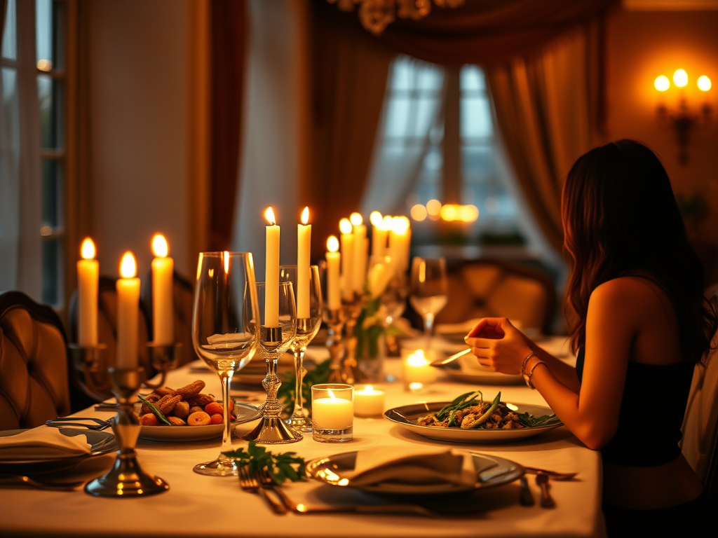 Eine elegant gedeckte Tisch mit Kerzenlicht, Gläsern und einem Gericht mit Gemüse. Eine Frau sitzt am Tisch und hält Besteck, bereit zu essen.