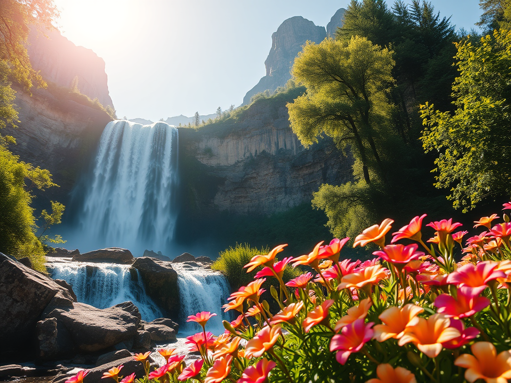 Ein malerischer Wasserfall fließt majestätisch über Felsen, umgeben von üppigem Grün und bunten Blumen im Vordergrund, während die Sonne sanft auf die Szene scheint.