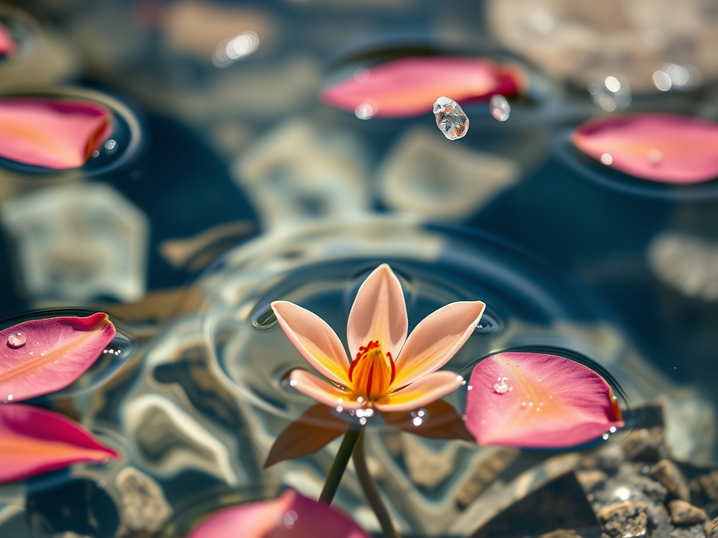 Eine zarte, blühende Wasserlilie schwimmt auf klarem Wasser, umgeben von pinkfarbenen Blütenblättern und Tropfen, die auf der Oberfläche funkeln.