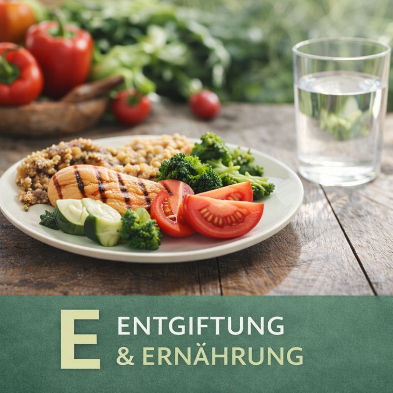 Ein Teller mit gegrilltem Fisch, frischen Gemüsesorten wie Brokkoli, Tomaten und Gurken sowie einer Portion Quinoa, auf einem Holztisch mit einem Glas Wasser im Hintergrund. Der Schriftzug 'E Entgiftung & Ernährung' ist am unteren Rand sichtbar.