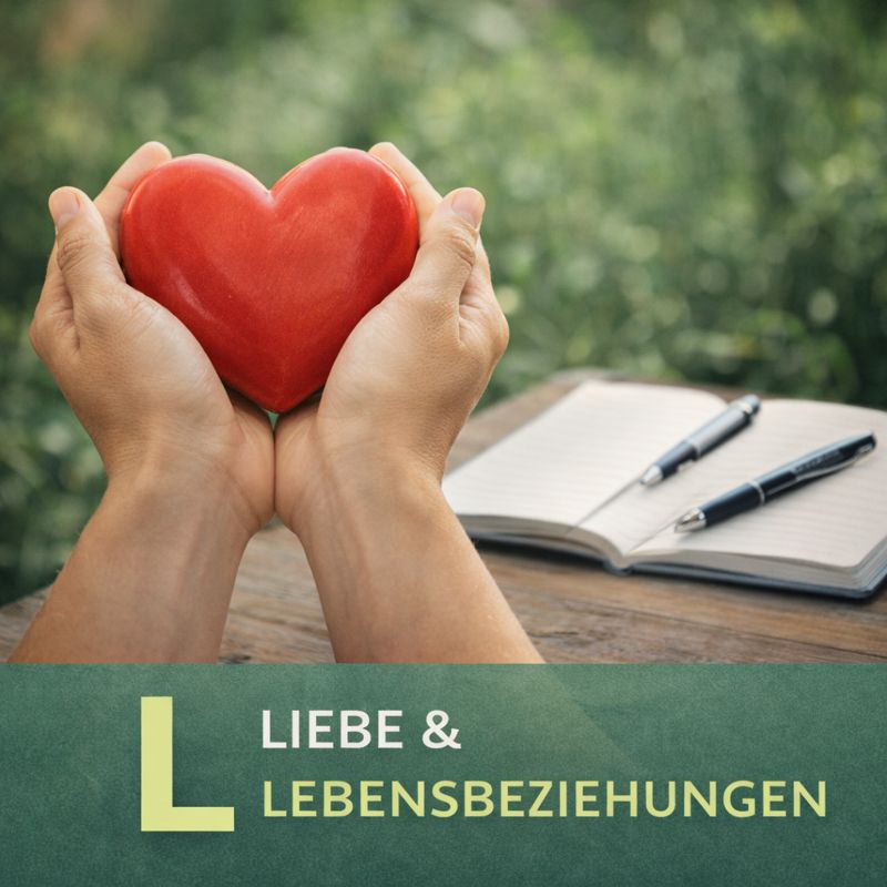 Hände halten ein rotes herzförmiges Objekt vor einem Notizbuch und Stiften auf einem Tisch, mit einer grünen und goldenen Beschriftung darunter, die 'LIEBE & LEBENSBEZIEHUNGEN' anzeigt.