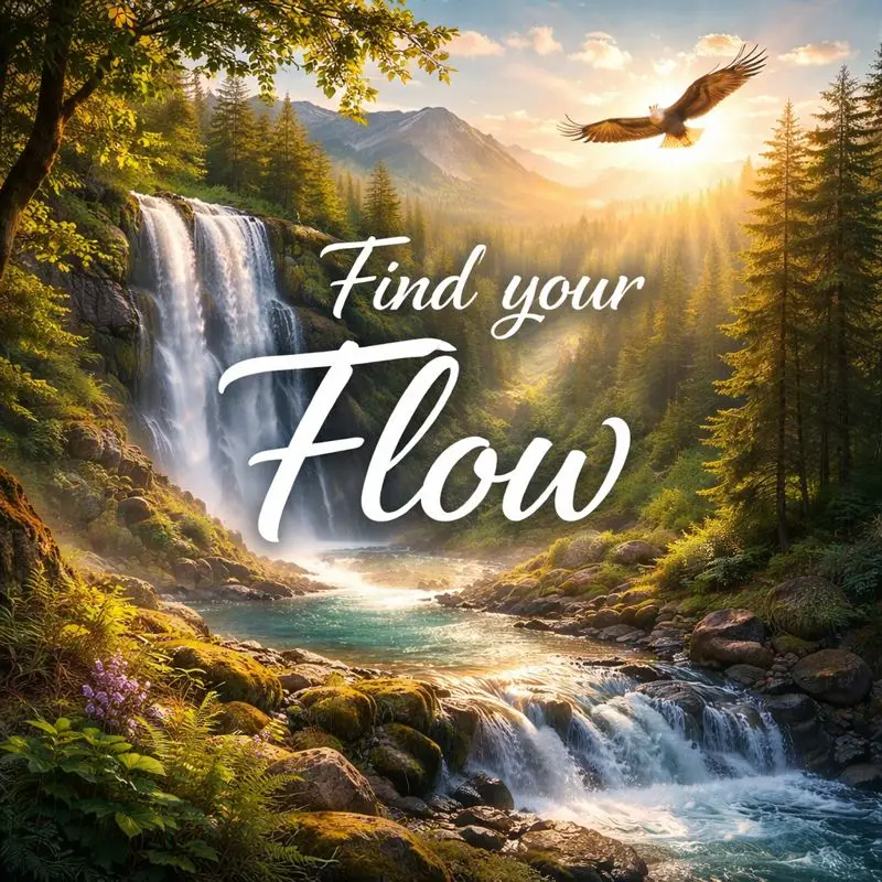 Find your Flow – Programmmotiv mit Wasserfall, Bergen und Adler