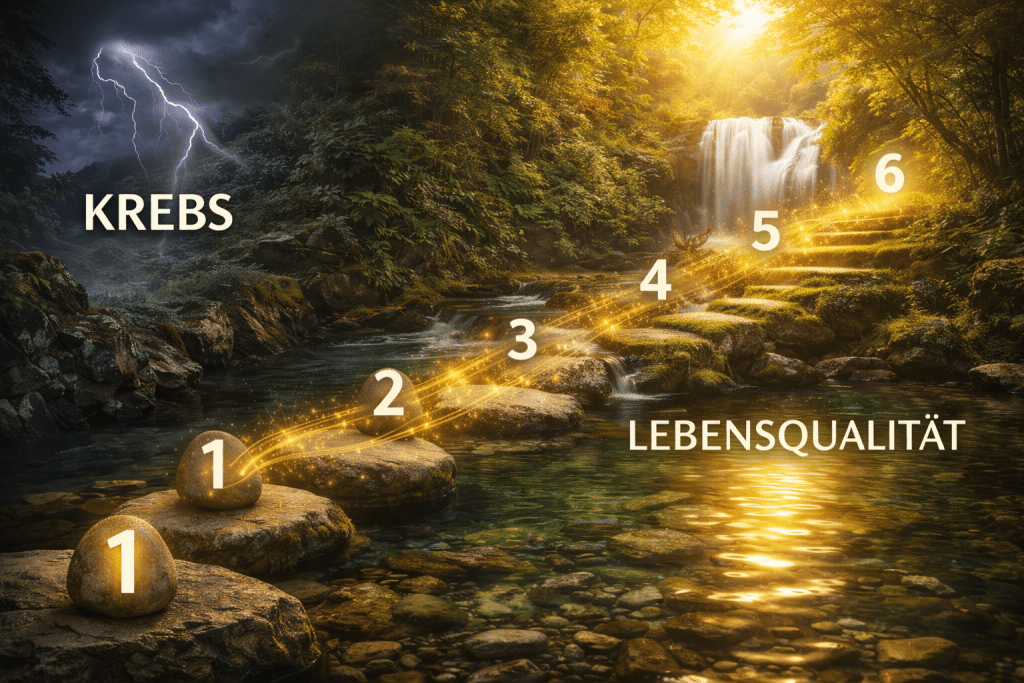 Eine malerische Landschaft mit einem Wasserfall, Steinen und glühenden Zahlen, die den Weg zur Lebensqualität symbolisieren.