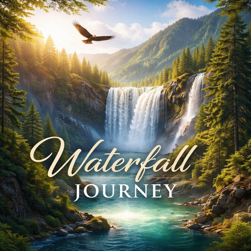 Eine malerische Landschaft mit einem majestätischen Wasserfall, umgeben von üppigen grünen Bäumen und Bergen, mit dem Titel 'Waterfall Journey' in eleganter Schrift.