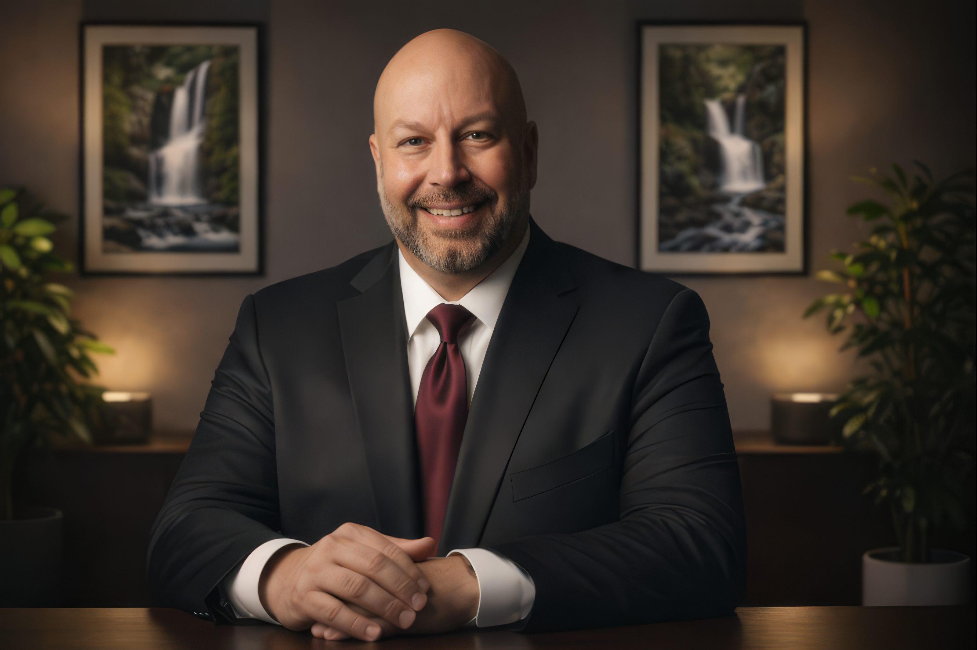 Ein lächelnder Mann in einem schwarzen Anzug mit roter Krawatte, der an einem Tisch sitzt. Im Hintergrund sind Bilder von Wasserfällen und Pflanzen zu sehen.