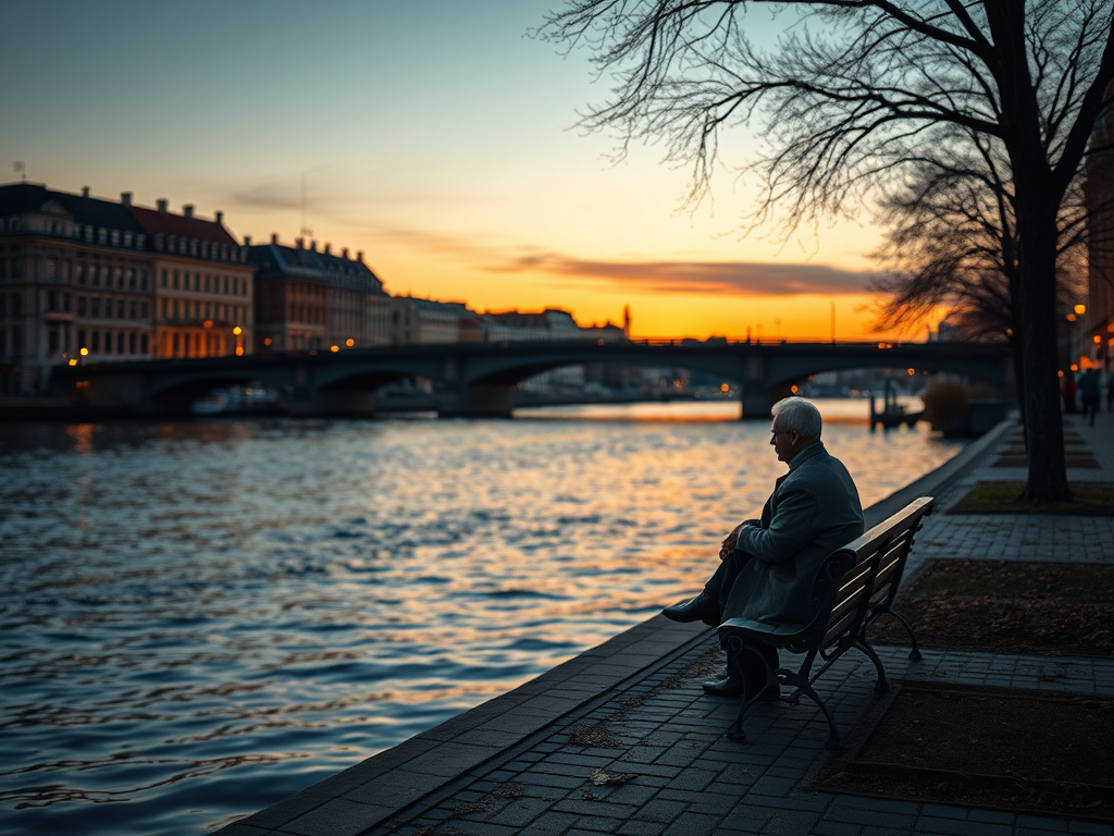 Ein älterer Mann sitzt nachdenklich auf einer Bank am Ufer eines Flusses während des Sonnenuntergangs. Die Stadt im Hintergrund bietet eine malerische Kulisse mit beleuchteten Gebäuden und einer Brücke.