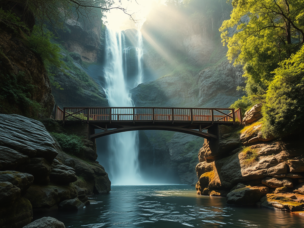 Ein wunderschöner Wasserfall in einer grünen Schlucht, während Sonnenstrahlen durch die Bäume scheinen. Vor dem Wasserfall befindet sich eine Holzbrücke, die über einen ruhigen Fluss führt.