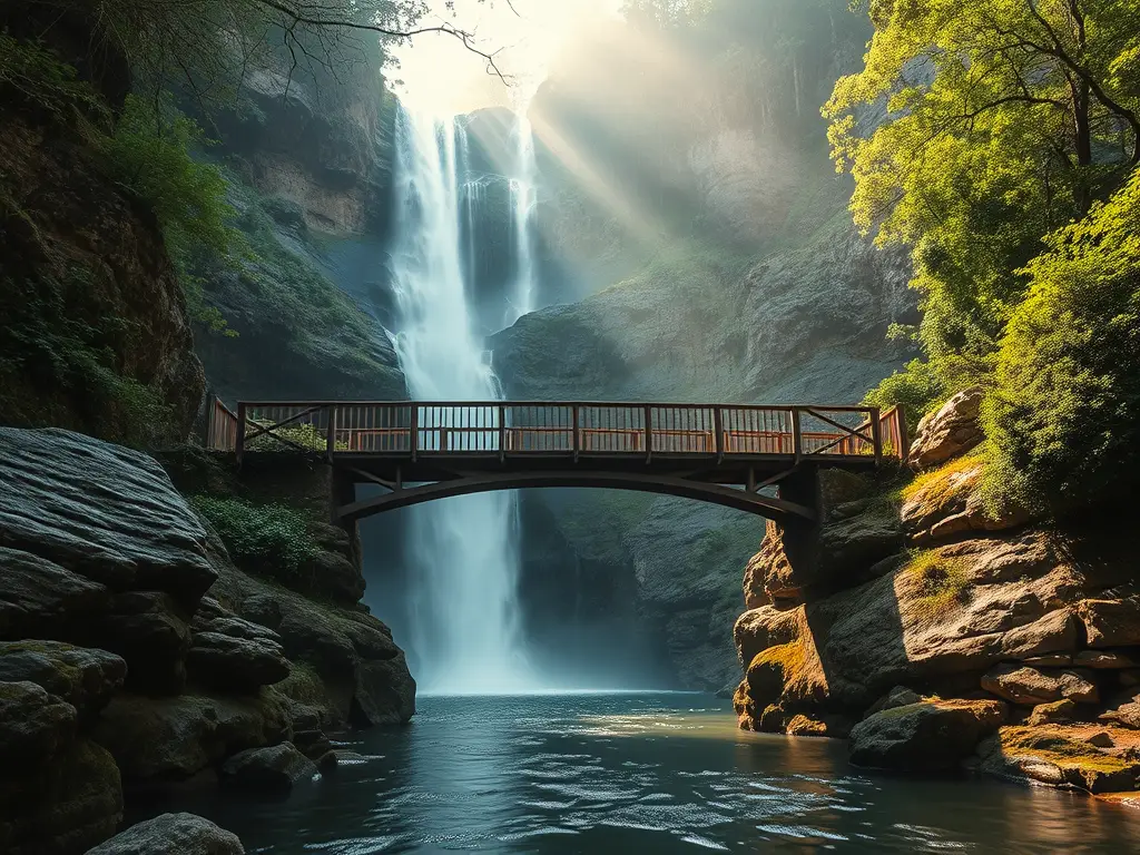 Sonnenlicht über einem Wasserfall im Wald mit einer Holzbrücke