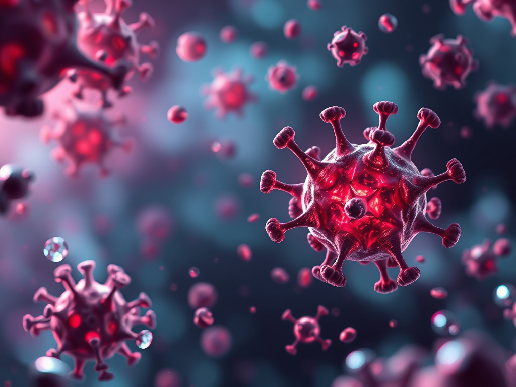 Grafische Darstellung von Viren, die in einem abstrakten digitalen Umfeld schweben, mit einer dominierenden roten Farbe und detailreicher Struktur.