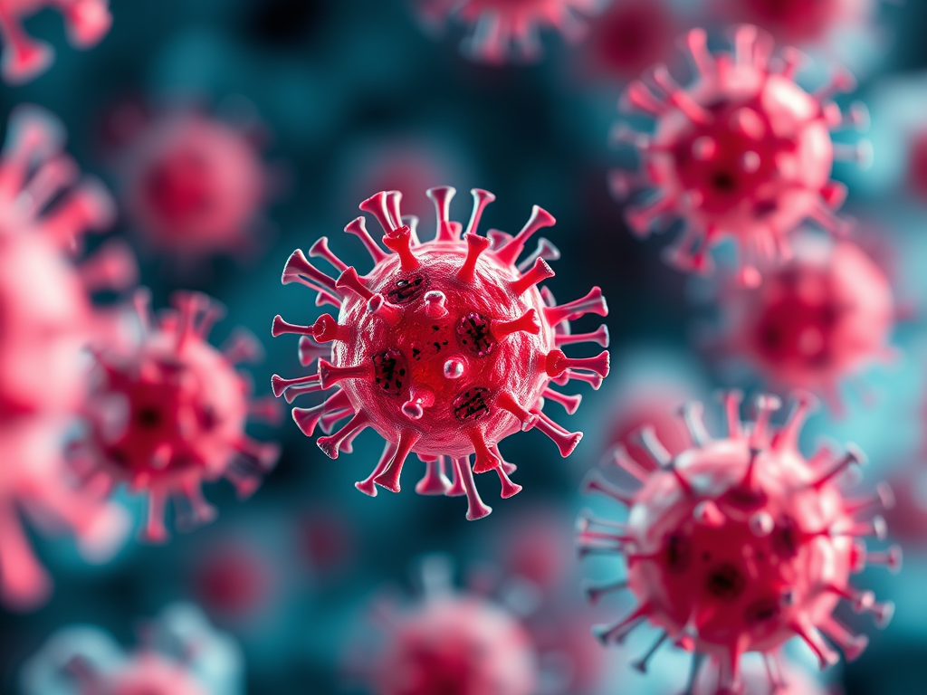 Mikroskopische Darstellung von Viruspartikeln in Rot auf einem verschwommenen blauen Hintergrund.