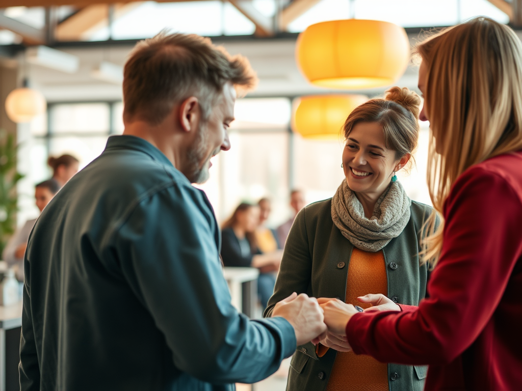Drei Personen in einem modernen Café, die sich freundlich unterhalten und die Hände schütteln.