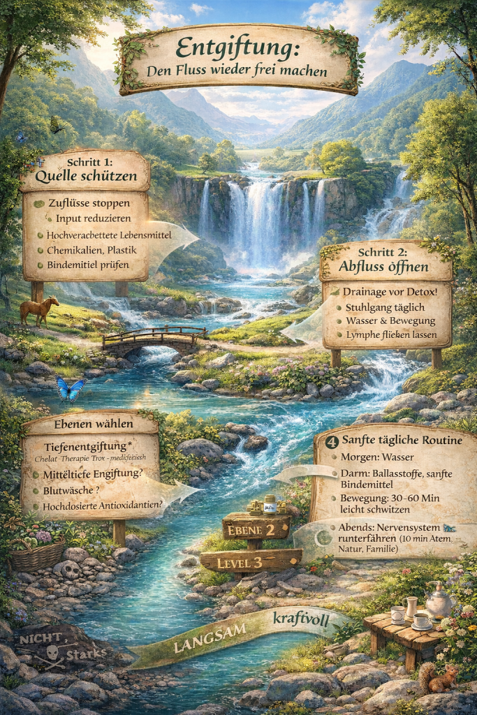 Infografik zur Entgiftung mit dem Titel "Den Fluss wieder frei machen", zeigt einen Wasserfall in einer malerischen Landschaft. Schritt 1 betrifft den Schutz der Quelle mit Tipps zur Lebensmittelauswahl und Chemikalienvermeidung. Schritt 2 behandelt das Öffnen des Abflusses, einschließlich täglicher Drainage und Bewegung. Es gibt Anweisungen für eine sanfte tägliche Routine sowie verschiedene Ebenen der Entgiftung zu wählen.