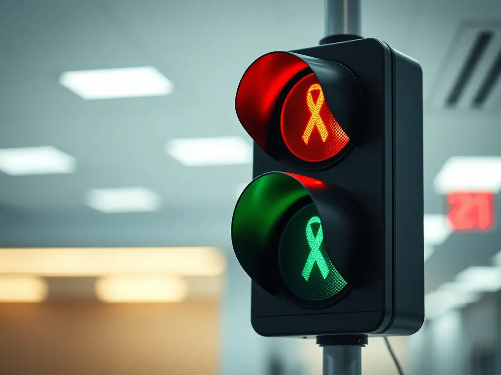 Eine Ampel mit rotem und grünem Licht, beide mit einem gelben Band in der Mitte.