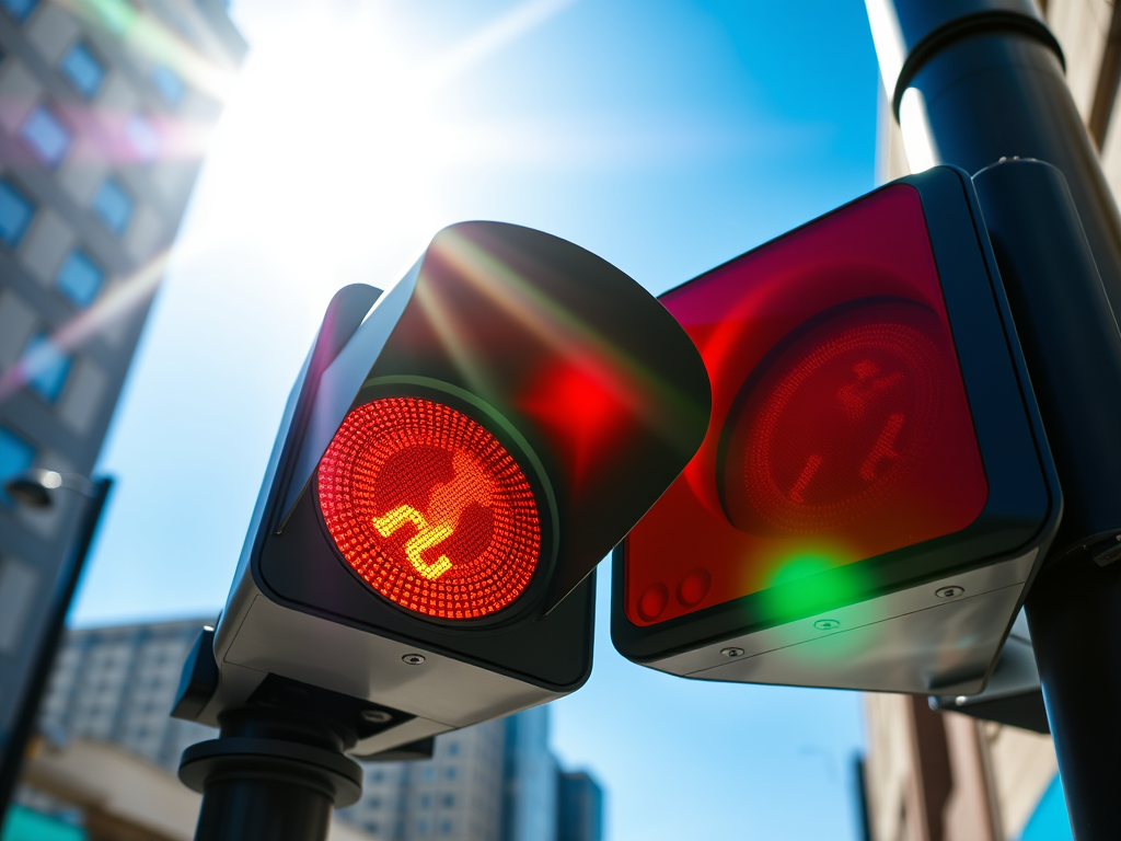 Rotlichtampel mit Fußgängersymbol in einer städtischen Umgebung, beleuchtet von der Sonne.
