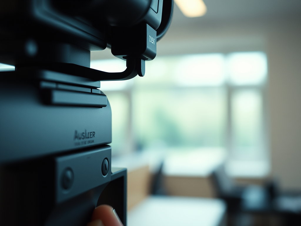 Nahaufnahme eines Kamerastativs mit dem Markennamen Auslser. Im Hintergrund sind Fenster und Möbel in einem Raum sichtbar.