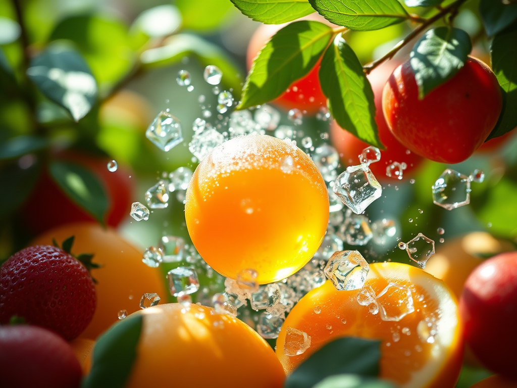 Spritzendes Wasser mit Orangen und Erdbeeren auf einem Zweig