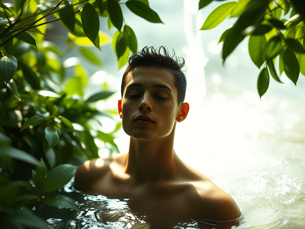 Junger Mann, der in einem ruhigen Wasserbad zwischen grünen Blättern entspannt, mit geschlossenen Augen.