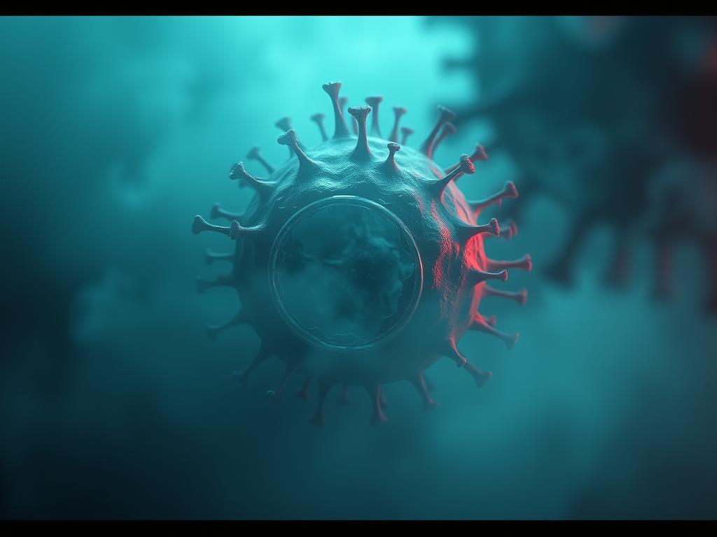 3D-Darstellung eines Virus mit stachelartigen Strukturen, umgeben von unscharfen, blauen und grünen Hintergründen.