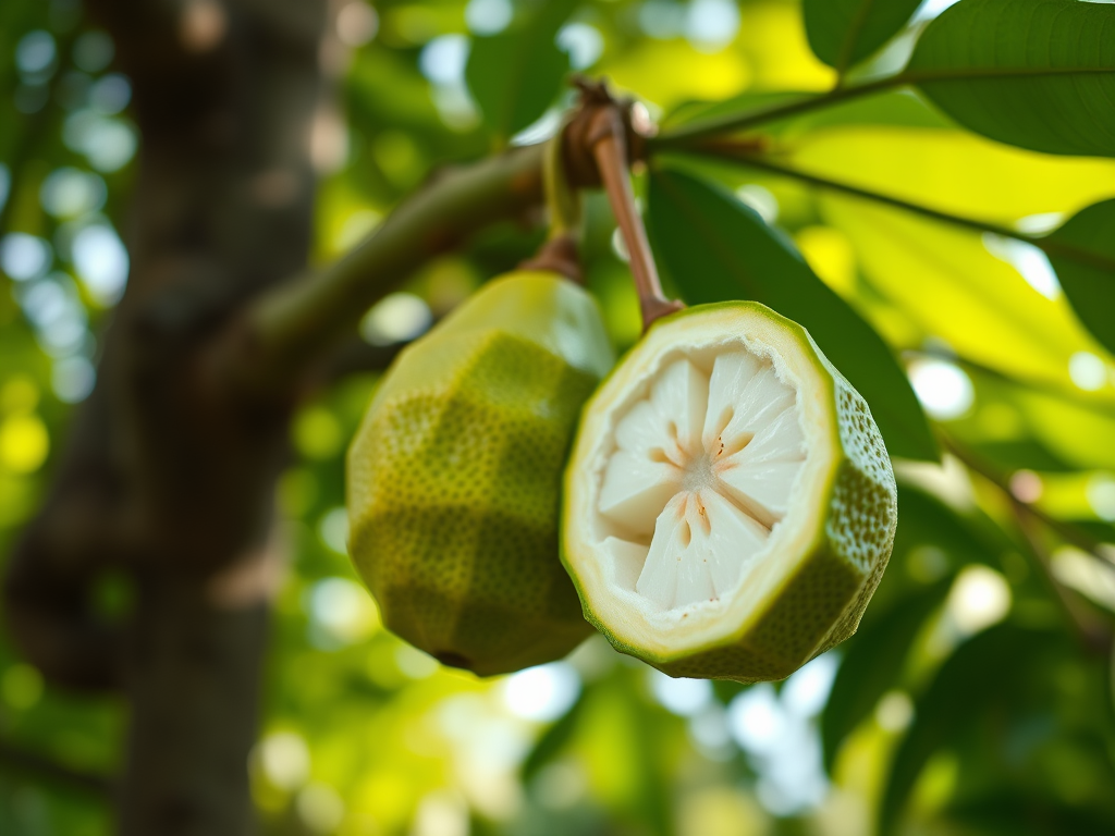 Zwei grüne, unreife Früchte hängen an einem Baum, eine ist aufgeschnitten, um das weißliche Fruchtfleisch und die Samen zu zeigen.
