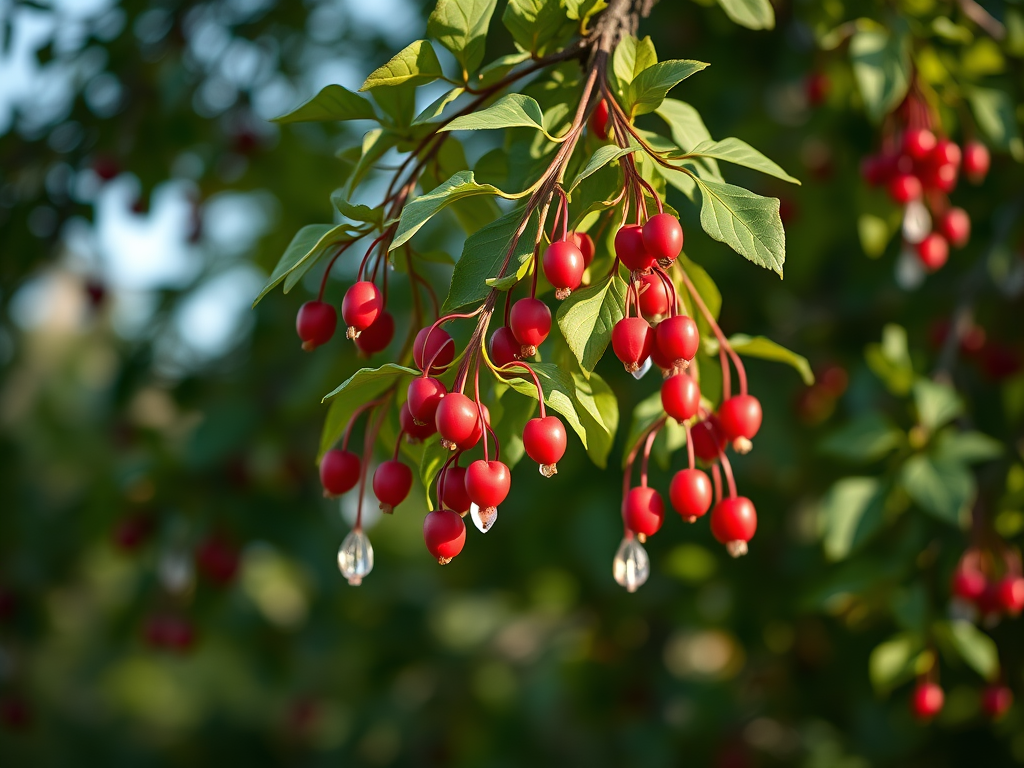 Zweig mit roten Beeren und grünem Laub im Sonnenlicht.