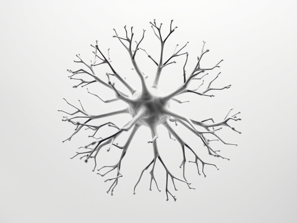 Grafik eines Neurons mit verzweigten Dendriten und Axon in Schwarz-Weiß-Darstellung.