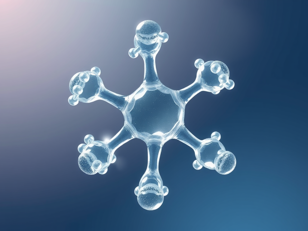 Ein stilisiertes, transparentes Molekül mit mehreren verbundenen Atomen vor einem sanften, verschwommenen Hintergrund.