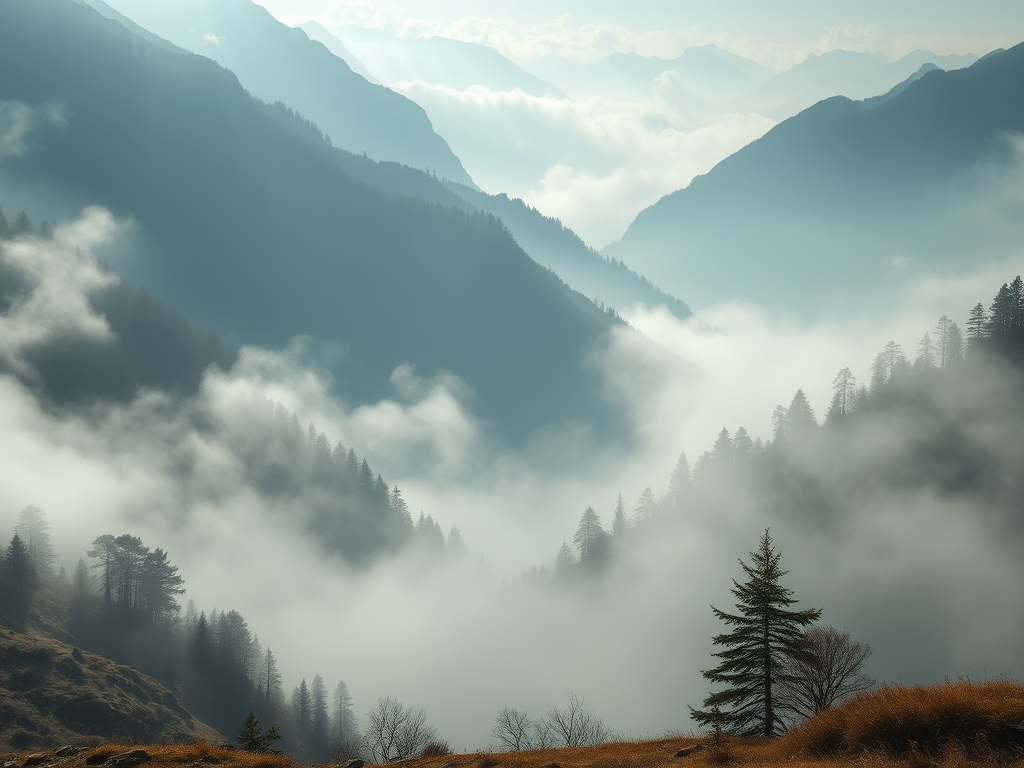 Berglandschaft mit Nebel und Nadelbäumen, die in verschiedenen Höhenlagen sichtbar sind.