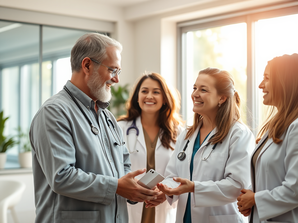 Älterer Arzt im Gespräch mit drei jüngeren Ärztinnen in einem modernen Büro.
