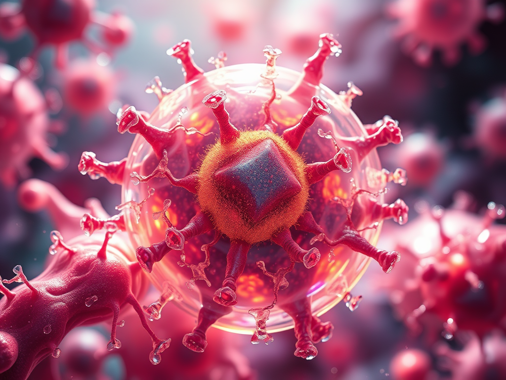 Illustration eines Virus mit auffälligen Strukturen in Rot- und Gelbtönen, umgeben von weiteren Viruspartikeln.