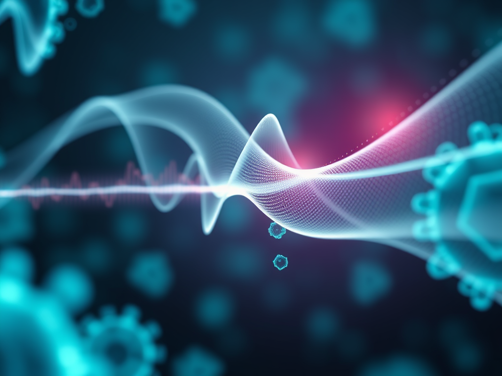 Abstrakte Darstellung von Schallwellen und Viruspartikeln auf einem dunklen Hintergrund.