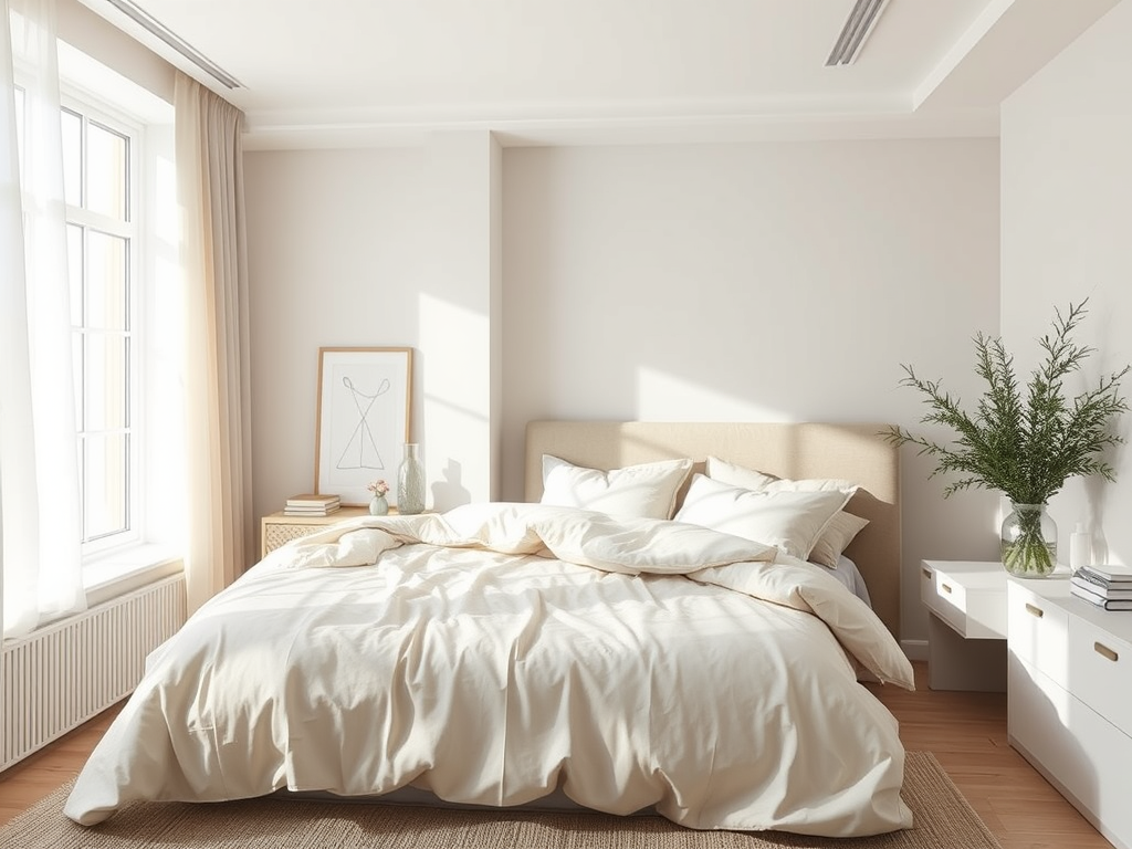 Ein helles, modernes Schlafzimmer mit einem großen, weißen Bett, gemütlichen Kissen und einer schlichten Bettdecke. Neben dem Bett steht ein Nachttisch mit einer Vase und einem kleinen Buchstapel. An der Wand hängt ein minimalistisches Kunstwerk. Fenster mit Vorhängen lassen viel Tageslicht herein.