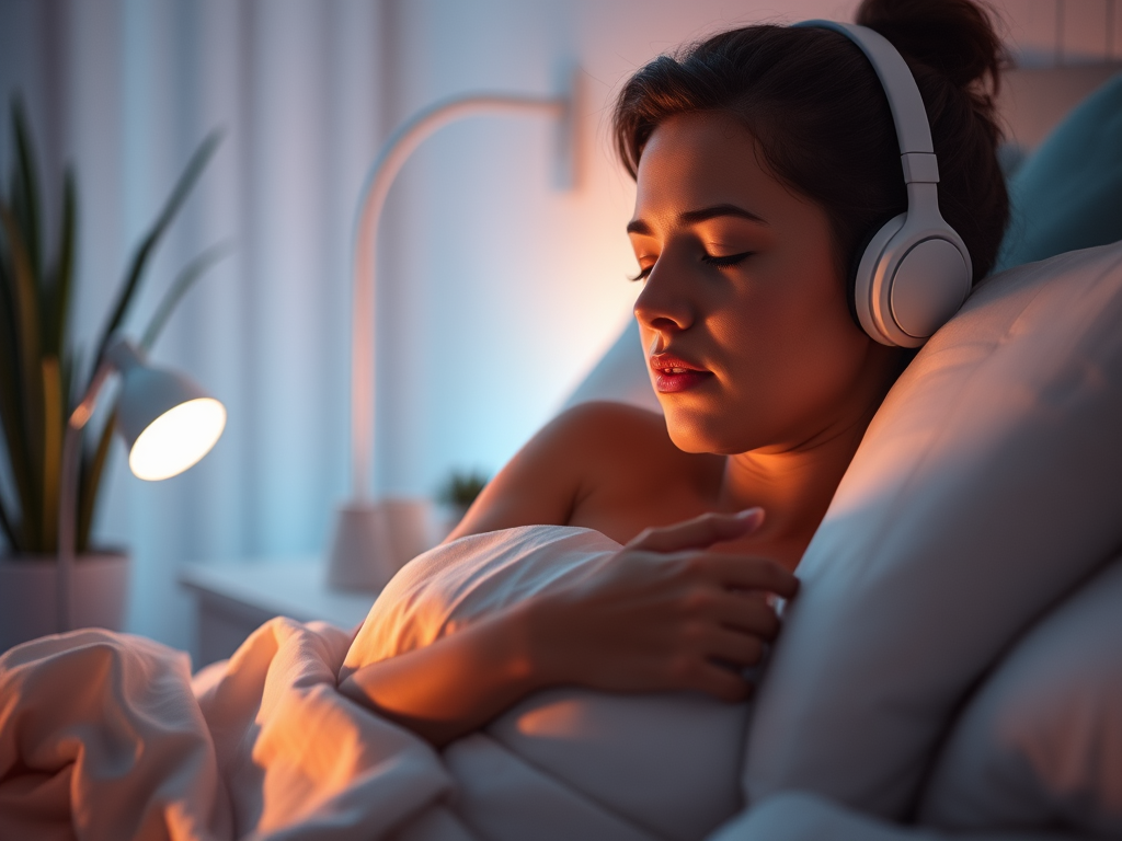 Eine Frau mit Kopfhörern sitzt entspannt im Bett, umgeben von Kissen und einer Decke. Sie hat die Augen geschlossen und hört Musik, während ein warmes Licht von einer Tischlampe auf sie scheint.