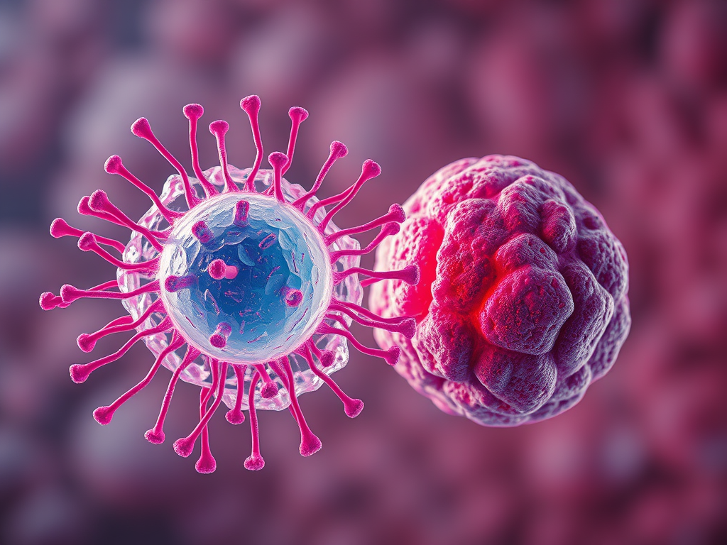 Illustration eines Virus, der neben einer Zelle schwebt, in lebendigen Farben mit blauen und rosa Tönen.