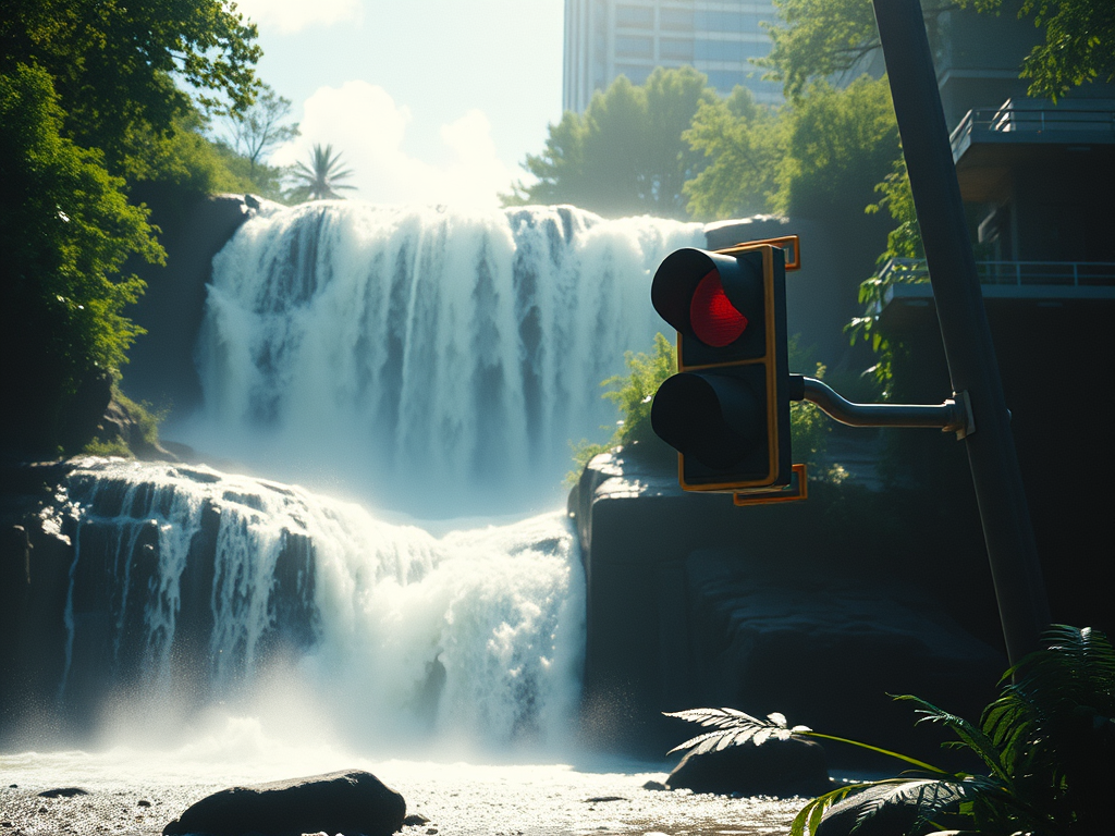 Ein Wasserfall fließt kraftvoll in einem urbanen Umfeld, während ein rotes Ampelsignal im Vordergrund steht.