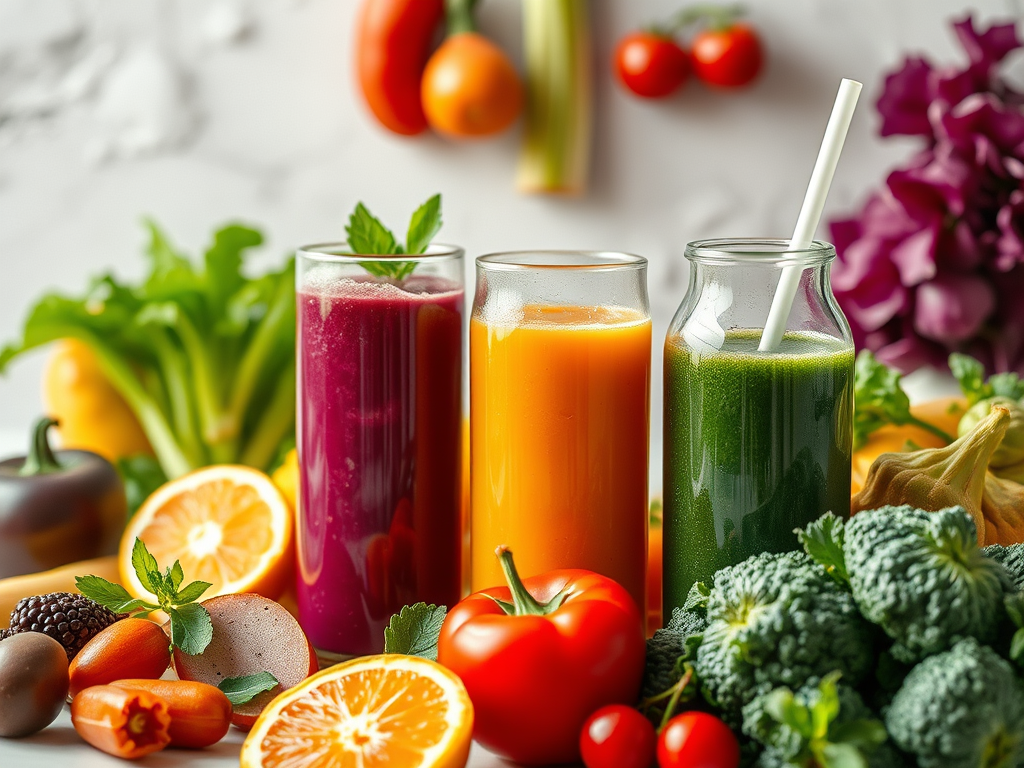 Drei Buntes Getränke aus frischen Säften, darunter ein roter Saft in einem Glas, ein orangefarbener Saft in einem Fläschchen und ein grüner Saft mit einem Strohhalm, umgeben von frischem Obst und Gemüse.