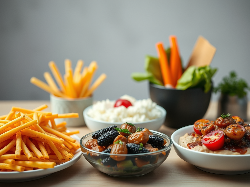 Ein Tisch mit verschiedenen Gerichten: Pommes frites, ein Glas mit Gemüse, eine Schüssel Reis, ein bunter Salat und ein Gericht mit Fleisch und Tomaten.