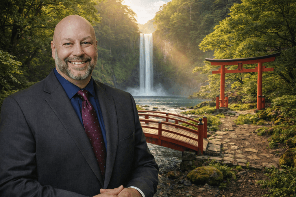 Ein lächelnder Mann in einem Anzug steht vor einer malerischen Landschaft mit einem Wasserfall, einer roten Brücke und einem Torii-Tor.