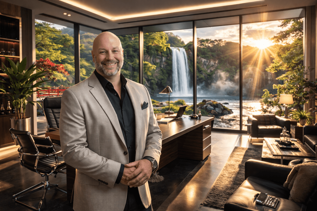 Ein geschäftsmäßig gekleideter Mann lächelt in einem modernen Büro mit großen Fenstern, die auf einen Wasserfall und eine Landschaft mit Sonnenuntergang blicken.