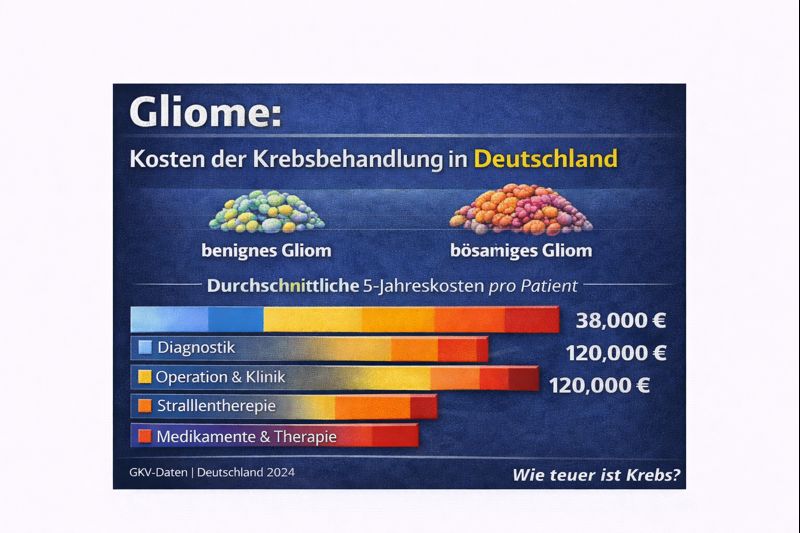 Grafik zu den Kosten der Krebsbehandlung von Gliomen in Deutschland, zeigt durchschnittliche 5-Jahreskosten für benignes und bösartiges Gliom in verschiedenen Behandlungskategorien.