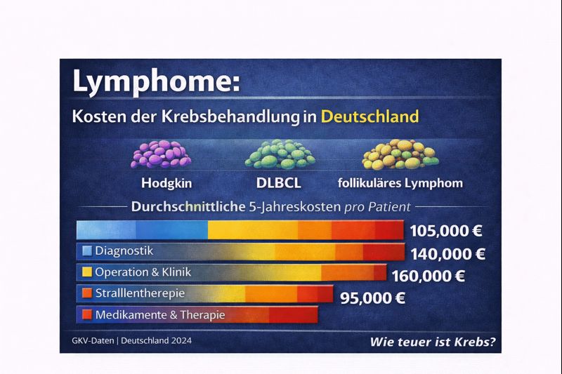 Diagramm zu den Kosten der Krebsbehandlung für Lymphome in Deutschland, zeigt durchschnittliche 5-Jahreskosten pro Patient für Hodgkin, DLBCL und follikuläres Lymphom. Klassifizierung nach Diagnostik, Operation, Strahlentherapie sowie Medikamente und Therapie.