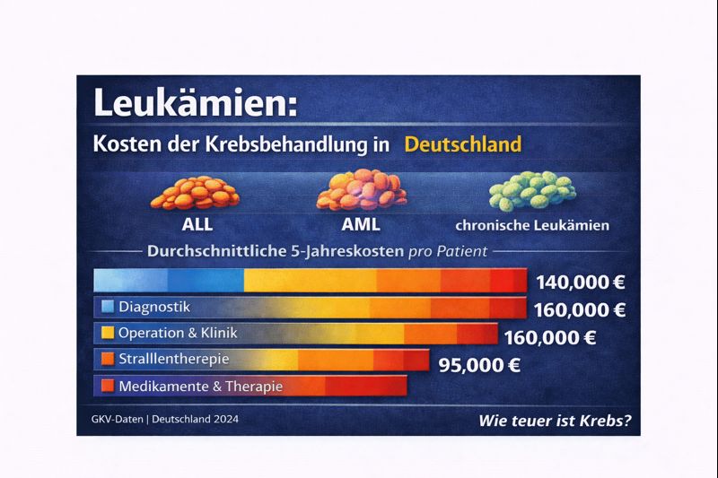 Diagramm über die Kosten der Krebsbehandlung bei Leukämien in Deutschland, einschließlich Durchschnittskosten pro Patient für ALL, AML und chronische Leukämien. Die Darstellung umfasst Kosten für Diagnostik, Operation und Klinik, Strahlentherapie sowie Medikamente und Therapie.