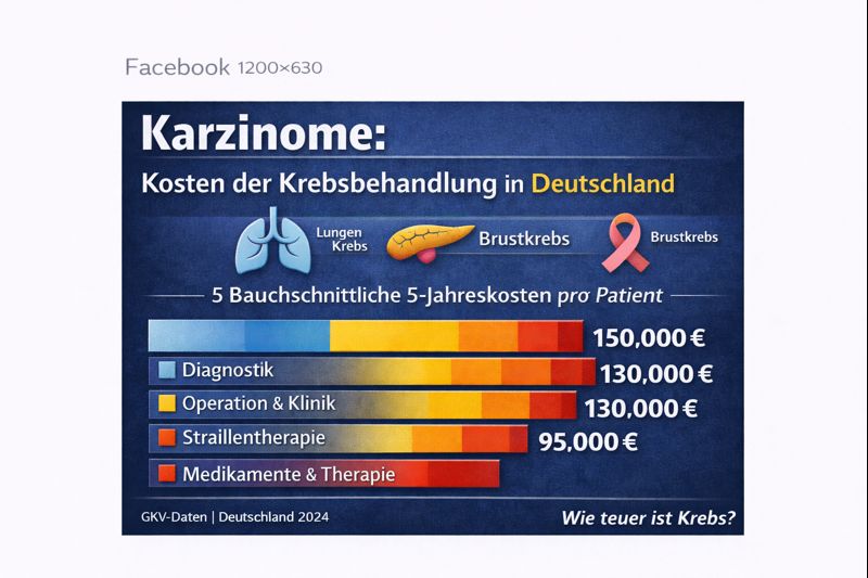 Grafik über die Kosten der Krebsbehandlung in Deutschland, zeigt die durchschnittlichen fünfjährigen Kosten pro Patient für Lungenkrebs und Brustkrebs in Euro.