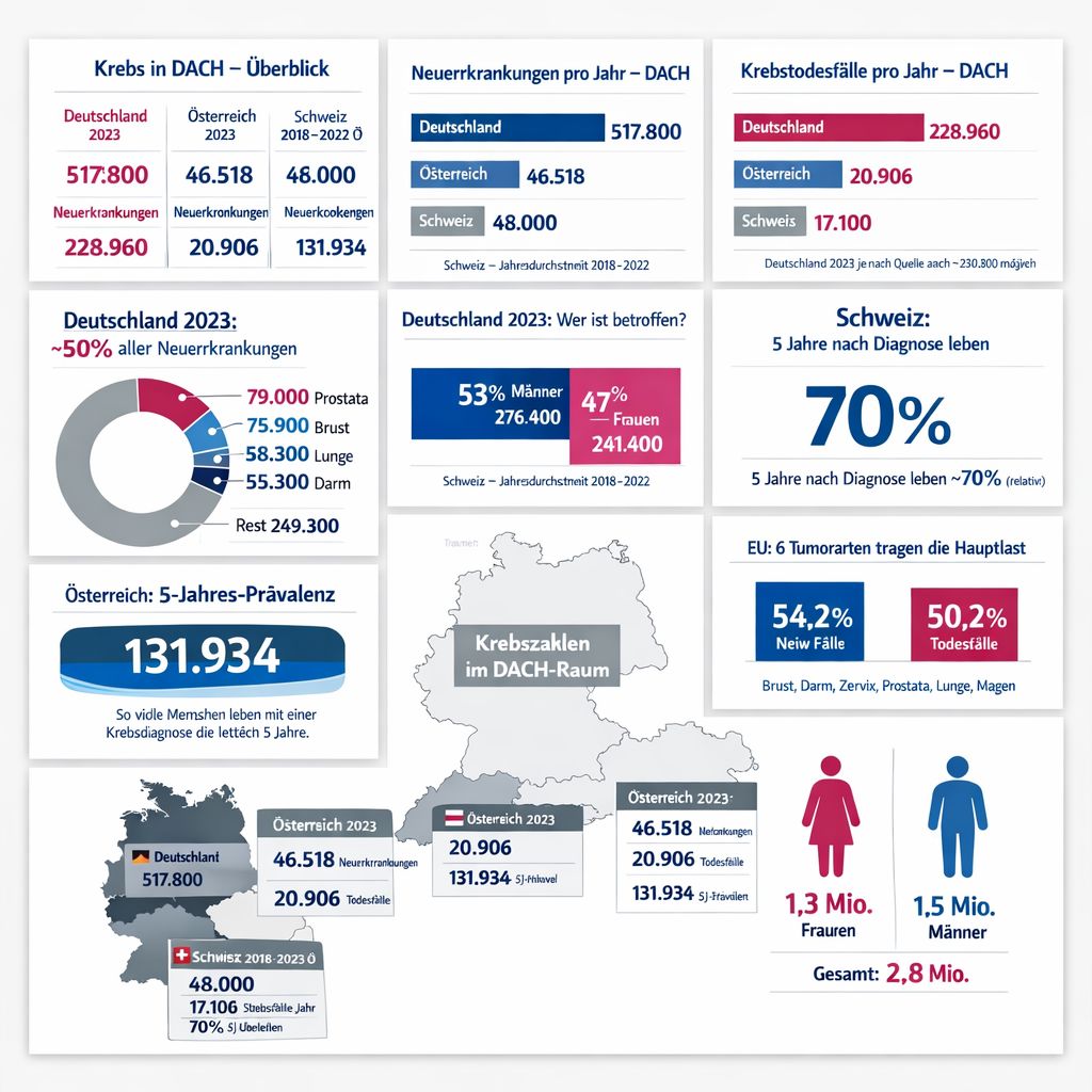 Infografik über Krebs in der DACH-Region mit Statistiken zu Neuerkrankungen, Krebsfällen und Geschlechterverteilung für Deutschland, Österreich und die Schweiz im Jahr 2023.