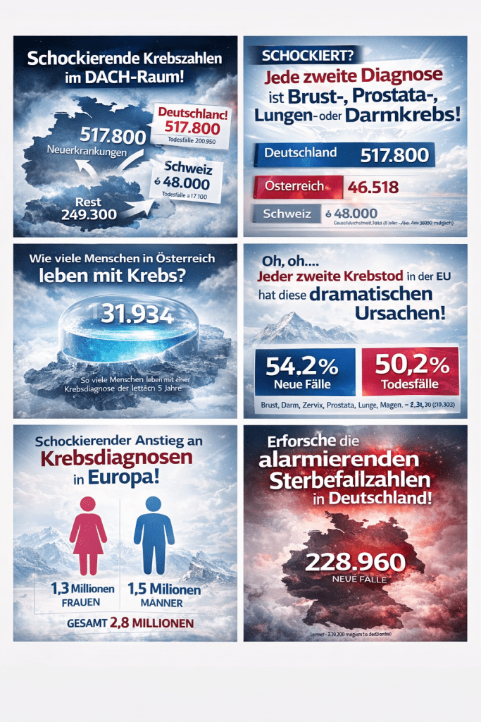 Grafik mit Statistiken zu Krebsdiagnosen im DACH-Raum, inklusive Zahlen für Deutschland, Österreich und die Schweiz.