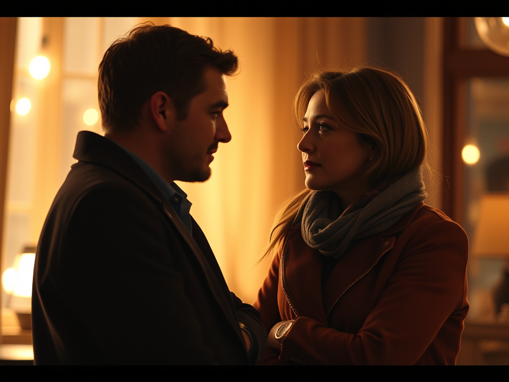 Ein Mann und eine Frau stehen sich gegenüber und schauen sich an, während sanftes Licht im Hintergrund leuchtet.